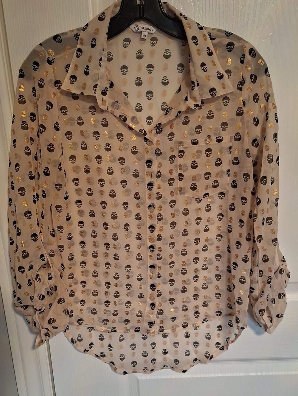 Button-Front Cream Blouse with Gold Foil Dot Print